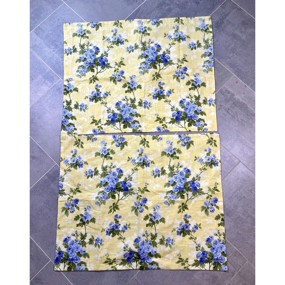 LAURA ASHLEY Nora Yellow Floral & Blue Plaid 2 Standard Pillow Shams Cotton